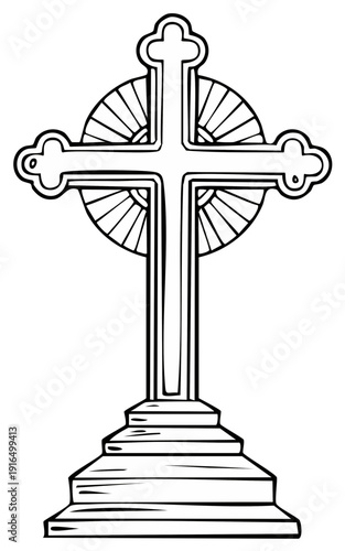Religious cross illustration. Christianity symbol on decorative stand with a sunburst.