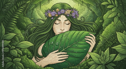 Close-up of a serene woman with long green hair and a floral wreath, peacefully holding a dewy leaf against her chest in a lush forest, embodying nature's beauty.