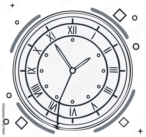 Artistic line drawing of a classic round analog watch face with Roman numerals and decorative geometric elements