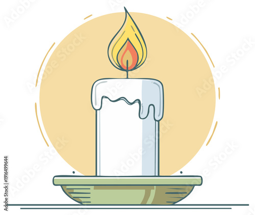 Stylized illustration of a glowing white candle with melting wax on a simple holder, radiating warmth.