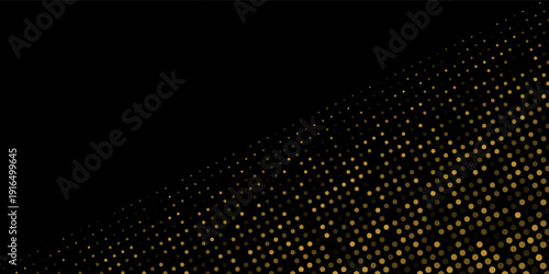Abstract luxury banner with golden glittering dots on black background. Sparkling glitter bottom border, vector frame. Halftone effect. Magical gold dust. Pop art style backdrop.