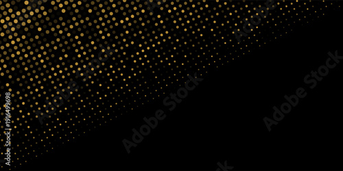 Abstract luxury banner with golden glittering dots on black background. Sparkling glitter bottom border, vector frame. Halftone effect. Magical gold dust. Pop art style backdrop.