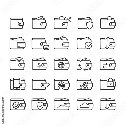 Set of diverse wallet icons featuring digital payment and security elements.