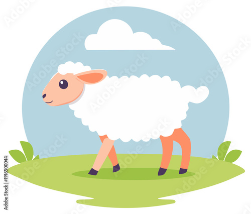 Cartoon Sheep on a Green Meadow with Cloud against Sky, Farm Animal Illustration