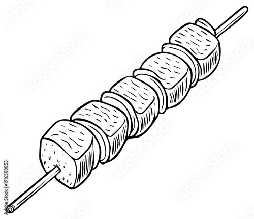 Hand drawn illustration of a single meat skewer with cubes of food on a stick