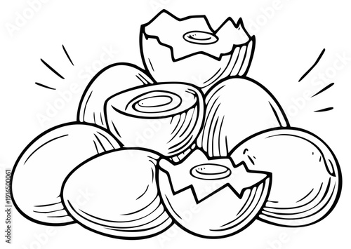 Hand drawn illustration of a pile of raw eggs some cracked open and one cut in half