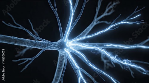 Detailed 3D Animation of a Biological Neuron Firing Electrical Impulses Across Synapses with Blue Glowing Light Effects on a Dark Background