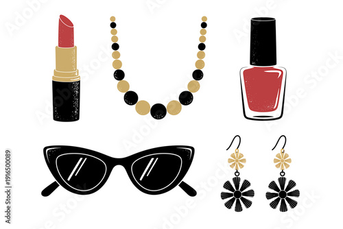 Fashion accessories icons set with lipstick nail polish necklace earrings and sunglasses