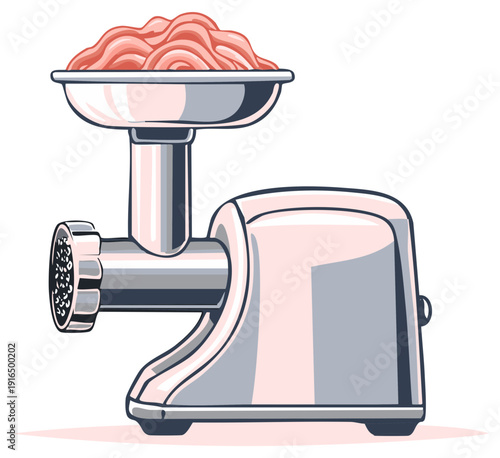 Illustration of a meat grinder with raw ground meat in its hopper
