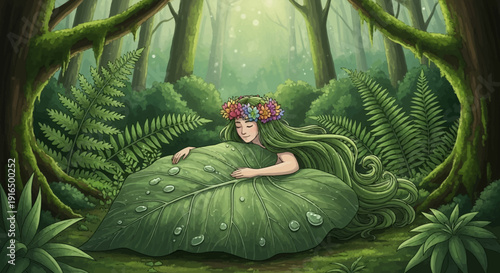 Beautiful serene woman with long green hair and flower crown, resting peacefully in a lush forest, embracing a large dewy leaf, surrounded by vibrant ferns and foliage.