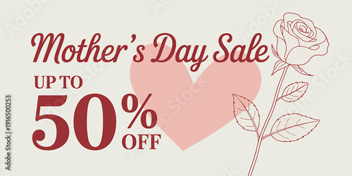 Mothers Day sale advertisement with rose and heart graphic