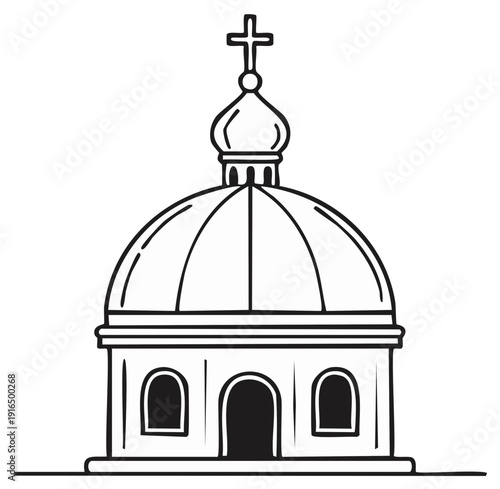 Orthodox Church Dome Outline Drawing with Cross Isolated on White Background
