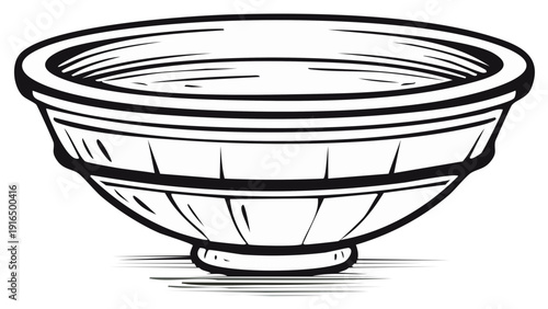 Simple illustration of a bowl with a water-like substance inside, black and white