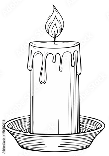 Burning candle illustration with dripping wax and saucer