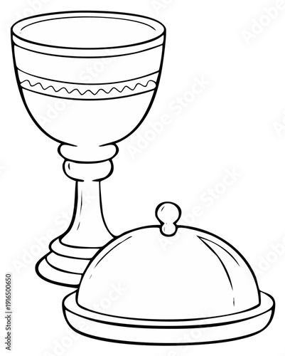 A simple line art drawing of an ornate chalice and a covered serving platter ideal for a coloring book page