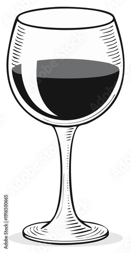 Hand-drawn illustration of a stemmed glass filled with dark red wine