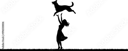 Vector Silhouette of a Happy Young Woman Playing With Her Dog Jumping in the Air on a Grassy Field for Pet Care Branding and Lifestyle Projects (25 words)t