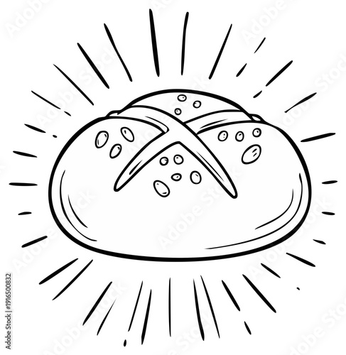 Cartoon of fresh bread loaf with sun rays in black and white, baked bakery delicious breakfast item vector illustration