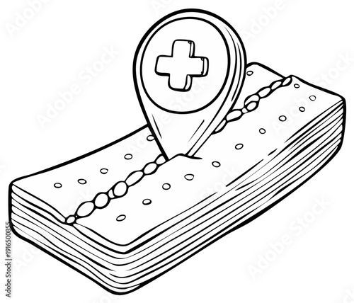 Medical location marker, stack of bandages with dotted seam showing healthcare services, treatment concept.
