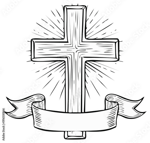 Religious Wooden Cross with Ribbon Banner and Sunburst Rays Hand Drawn Illustration