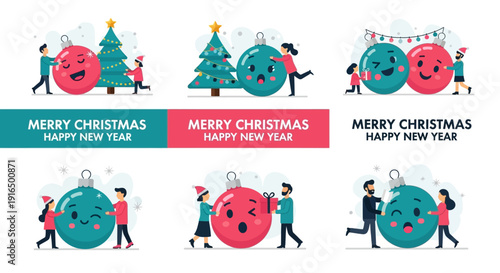 Happy people celebrating Merry Christmas and Happy New Year with festive ornaments on an isolated white background.