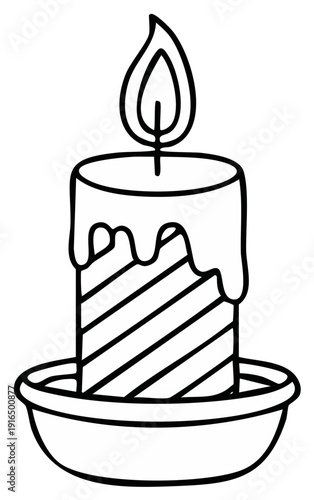Simple illustration of a lit candle with dripping wax and diagonal stripes on a holder