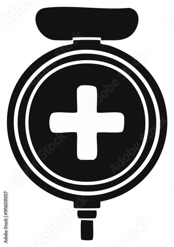 Monochrome graphic icon of a medical award medal with a plus symbol for health or gaming