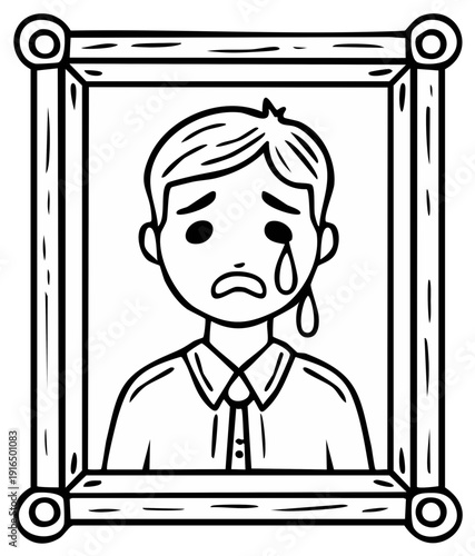 Cartoon Portrait of a Sad Young Boy Crying Tears in a Picture Frame