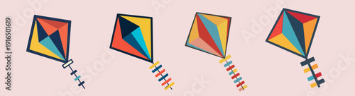 Vector template set kite element with flat design, featuring bold lines, minimal details, and a two-dimensional appearance