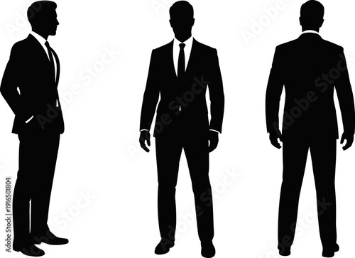 PrVector Silhouette Set of Professional Businessman in Formal Suit and Tie Front Side and Back View for Corporate Branding Fashion Layouts and Elegant Character Design (25 words)int