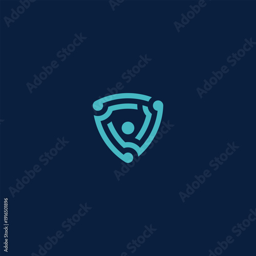 Abstract digital shield logo with a person inside security concept.