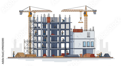 Building Under Construction with Cranes.