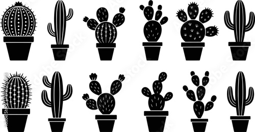 Vector Silhouette Set of Various Potted Cactus Plants Including Saguaro Prickly Pear and Barrel Cacti for Minimalist Desert Decor Botanical Branding and Garden Illustrations (25 words)