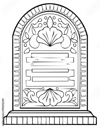 Ornate black and white gravestone illustration with floral and shell design elements