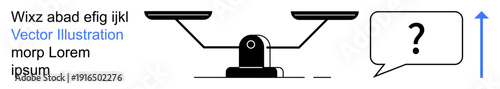 Decision-making, balance, uncertainty, justice, communication, business strategy. Black scales with speech bubble and question mark. Decision-making and balance concept for clarity and solutions