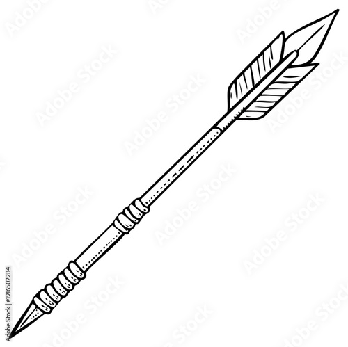 Detailed black line art drawing of a single traditional archery arrow with feathers and point