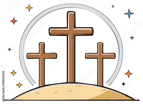 Three wooden crosses on a hill under a radiant halo and twinkling stars