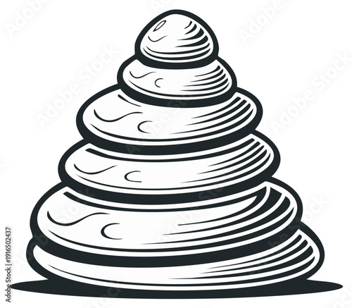 Stylized stacked pebble stones balanced zen tower in black and white drawing