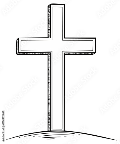 Outline Drawing of a Religious Cross Standing on a Hill Top