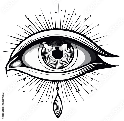 Mysterious All Seeing Eye with Radiant Light Rays and Tear Drop