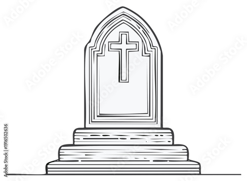 Gothic style tombstone with cross illustration simple line drawing memorial monument