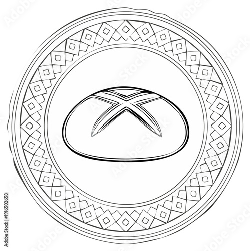 Circular Decorative Emblem Featuring a Loaf of Bread