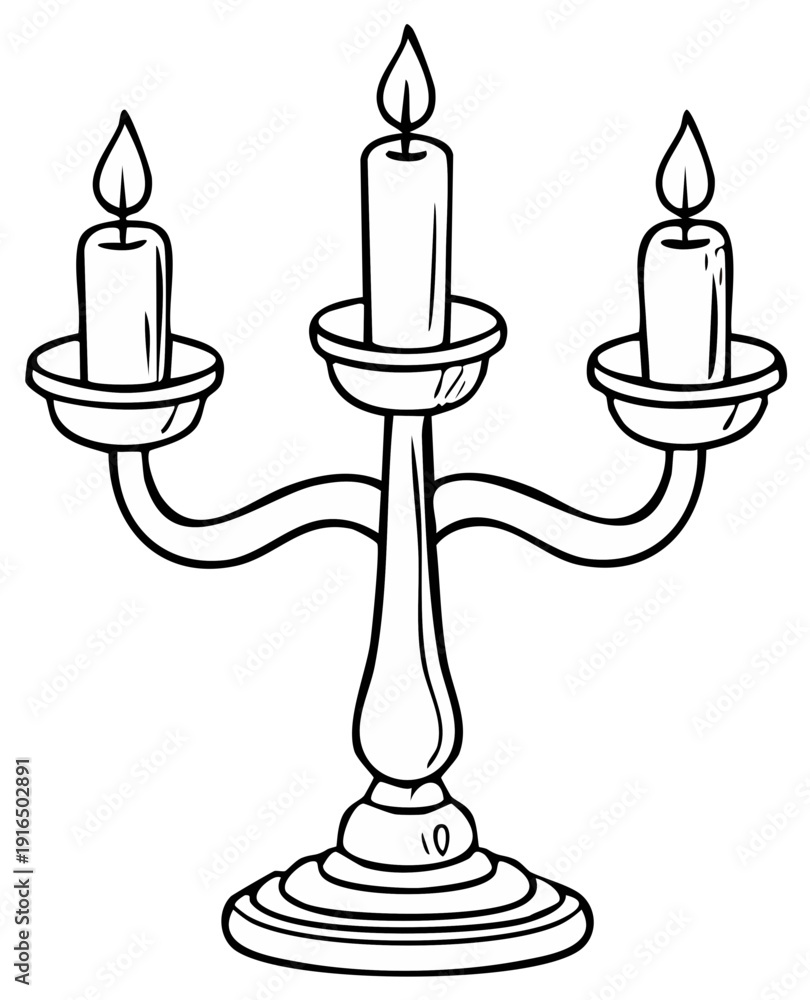Fototapeta premium Simple line art illustration of a traditional three candle candelabra with burning flames and decorative design
