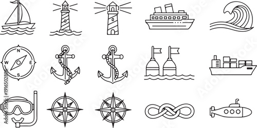 Nautical Icons Set: Sailboat Lighthouse Anchor Compass Submarine Wave Isolated on white background