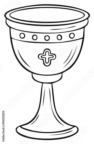 Traditional religious chalice with cross symbol and decorative elements line art drawing