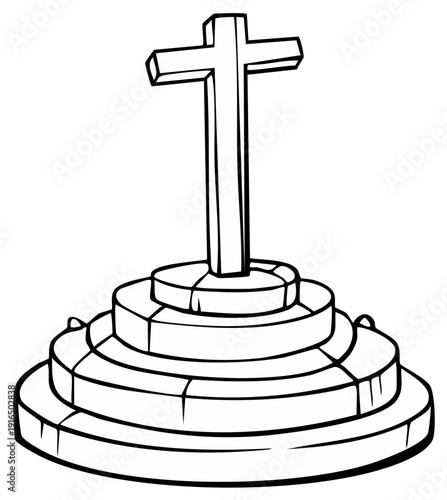 Cross on a Pedestal Illustration Black and White Religious Symbol on Round Steps