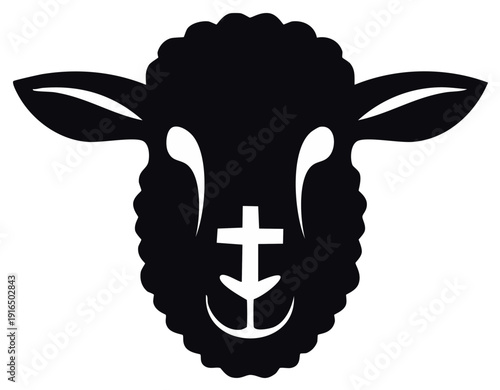 Abstract Lamb Icon with Cross Symbol Silhouette, Religious Animal Head Vector