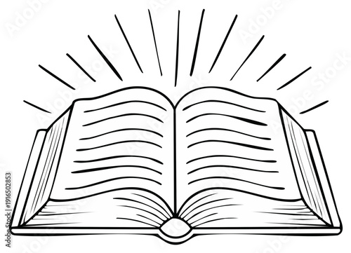 Open book outline with emanating rays, education and knowledge concept