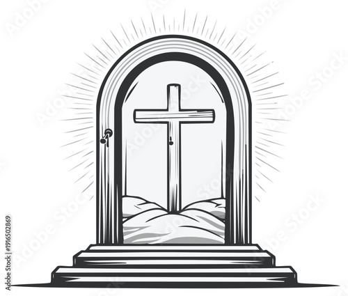 Doorway to Hope Christian Symbol Drawing with Cross Silhouette, Spiritual Path Entrance and Divine Light