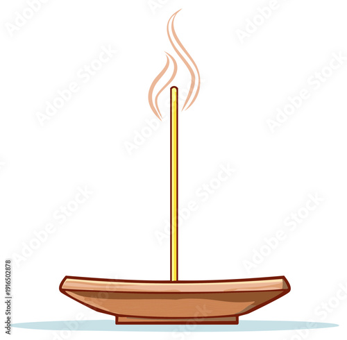Incense stick burning with wisps of smoke in a wooden holder